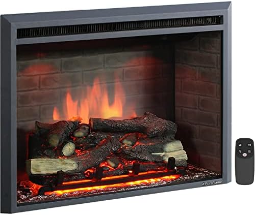 PuraFlame Western Electric Fireplace Insert with Fire Crackling Sound, Remote Control, 750/1500W, Black, 33 1/16 Inches Wide, 25 9/16 Inches High