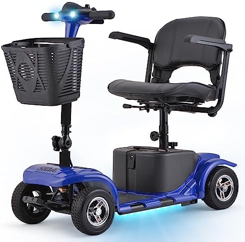 Mobility Scooter for Adults, Senior, Skmc 4 Wheels Electric Powered Chargeable Device for Travel, Lightweight and Portable, with LED Headlights and Basket, Charger Included