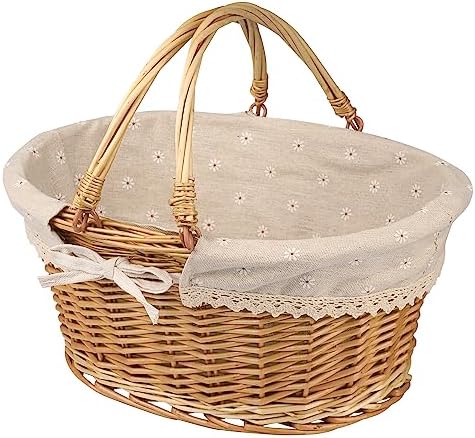 Large Multipurpose Wicker Basket with Handle, 14.2 x 11 x 6.7 in Wicker Picnic Basket with Liner, Empty Gift Basket, Oval Willow Woven Basket for Fruit, Wine, Gathering, Wedding, Picnic, by GNIEMCKIN