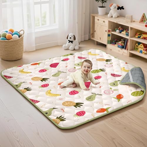 Baby Play Mat for Floor 50x50, Thicken Soft Fabric Foam Activity Play Mat with Washable Non-Slip Cushioned Crawling for Babies, Infants, Toddlers（Yellow Fruit
