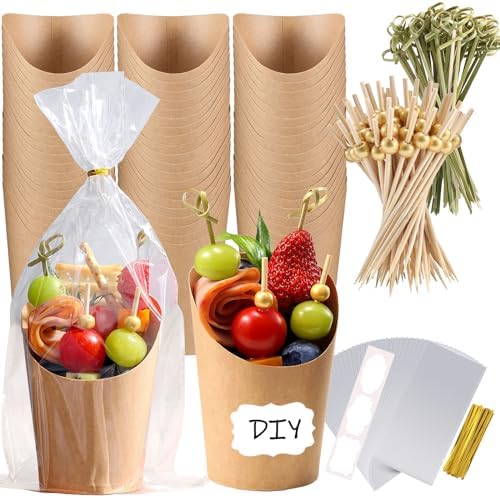 100 Pcs Charcuterie Cups with Sticks 12oz, Individual Disposable Handheld Holder with 100 Bags+100 Lables+200 Cocktail Skewers Tooth Picks, Paper Appetizer Board Snack Boxes for French Fry, Brown