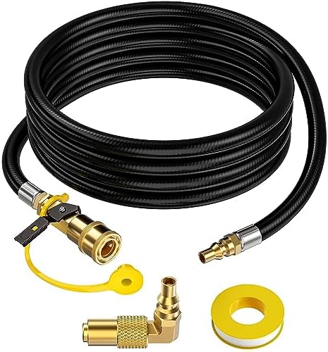 12 FT RV Quick Connect Propane Hose for RV to Grill, LP Quick Connect Propane Hose with Elbow Adapter for 17" and 22" Blackstone Griddles, 1/4" Shutoff Valve & 1/4" Male Full Flow Plug.