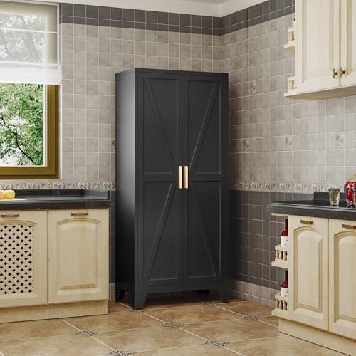 Large Metal Kitchen Pantry Cabinet with Adjustable Shelves - Freestanding Kitchen Storage Cabinet for Dining Room,Livingroom Bathroom, Hallway, Workshop, Office (Black, 61"- 0 Drawer)