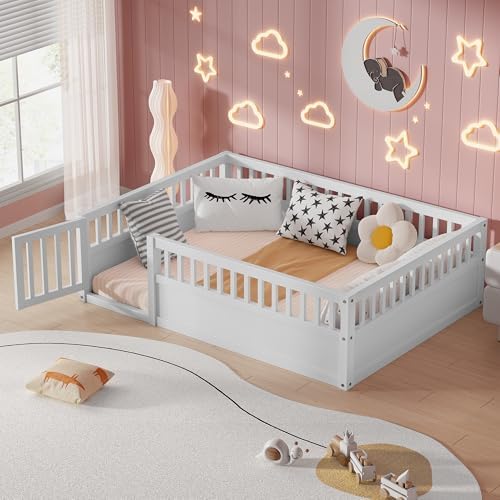 Full Size Floor Bed Frame with Convertible Door & Guardrails for Girls & Boys Bedroom,Montessori Bed/Near Ground Safety Design, No Box Spring Needed,White