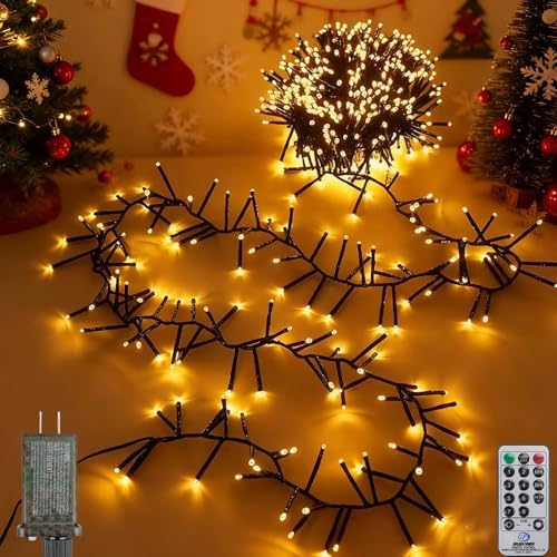 Christmas Cluster Lights Plug-in -52FT 800 LED Firecrackers String Lights,8 Modes Timer Waterproof Twinkle Fairy Lights for Christmas Tree Garland Party(Warm White)