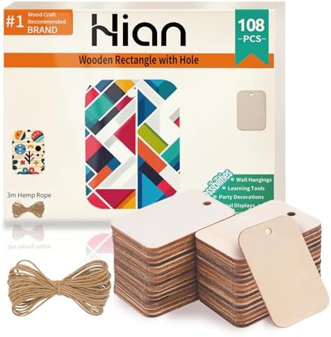 Hion Wooden Tags, 108 Pcs 2x1.3 inch Rectangle-Shaped Unfinished Wood Pieces - Light, Natural Rustic Cutouts with 3M Hemp Rope - Ideal for DIY Projects, Card Making, Christmas Party