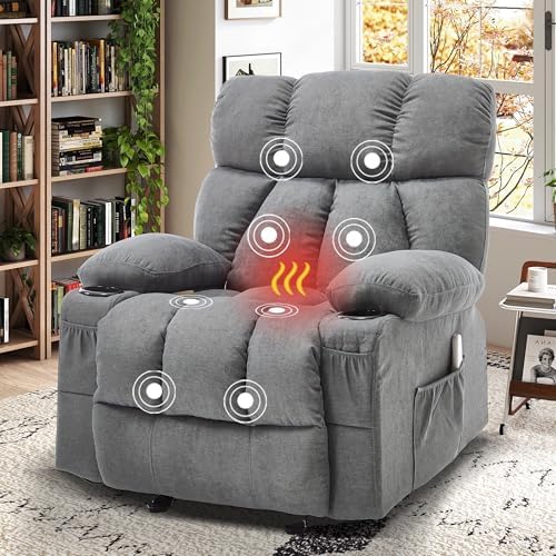 Massage Recliner Chair, Overstuffed Rocker Lazy Boy Chairs with Vibration&Gently Heat,Fabric Ergonomic Manual Nursery Chair for Living Room with Side Pocket, 2 Cup Holders&USB Charge Port, Grey
