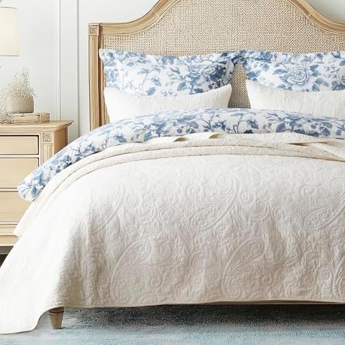 EVERGRACE 100% Cotton Paisley Quilt Set, King Size 3 Piece Set – Prewashed Lightweight Bedspread with 2 Shams, Soft & Breathable Matelasse Coverlet for All-Season Comfort, Ivory Cream