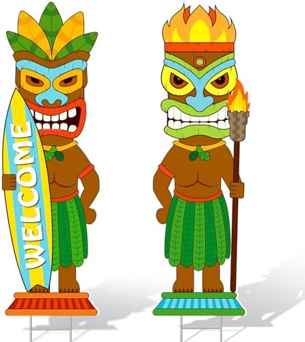 2 PCS Luau Party Decorations Tiki Outdoor Garden Yard Sign with Stakes Hawaiian Party Supplies for Tropical Outdoor Yard