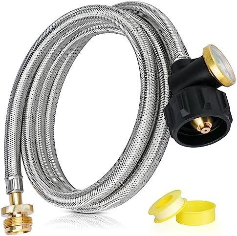 6 FT Propane Hose Adapter 1lb to 20lb Converter with Gauge, Stainless Steel Braided Buddy Heater Propane Hose Compatible with Portable Heaters, Tabletop Griddle, Coleman Stoves, Weber Q Grills