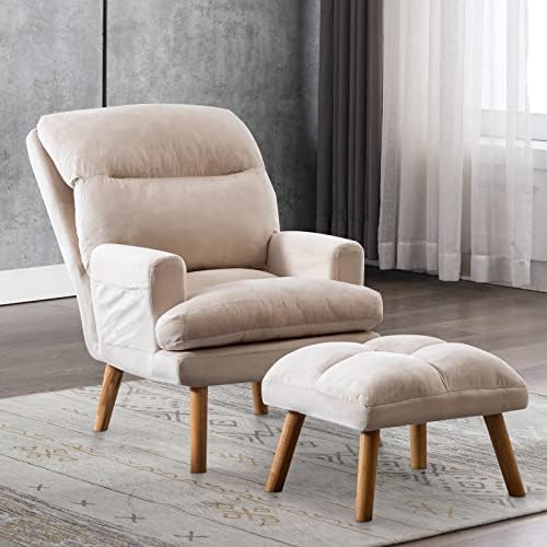 INZOY Accent Chairs with Ottoman, Velvet Fabric Armchair with Ottoman for Bedroom Living Room, Mid Century Modern Chair with Adjustable Backrest and Side Pockets, Beige