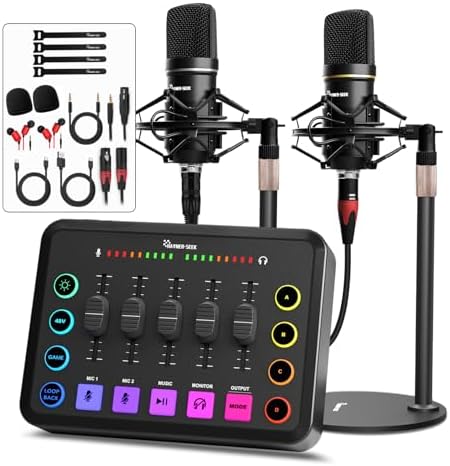 Podcast Equipment Bundle for 2, Audio Interface with XLR Condenser Microphone, and 3.5mm Mic,RGB, Mute,48V Phantom Power for Streaming,Gaming,Recording-Black