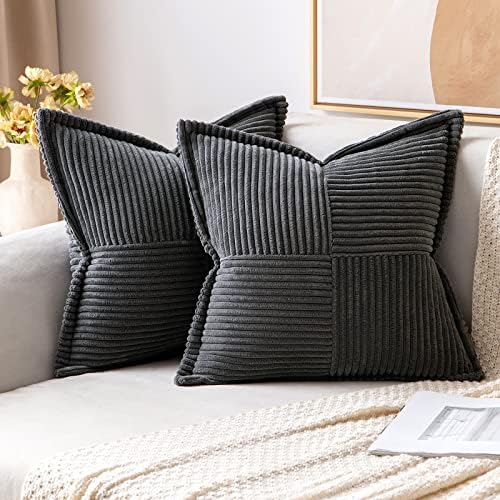 MIULEE Dark Grey Corduroy Pillow Covers 18 x 18 inch with Splicing Set of 2 Super Soft Boho Striped Pillow Covers Broadside Decorative Textured Throw Pillows for Couch Cushion Bed Livingroom