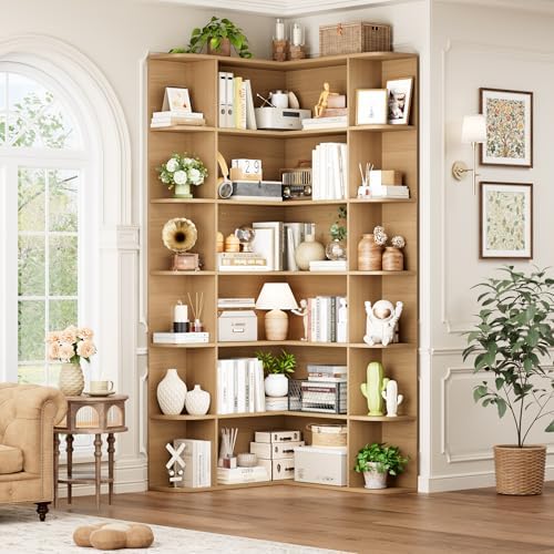 FOTOSOK 74â€ Tall Corner Bookshelf, 6-Tier Bookshelf and Bookcase with Open Storage, Tall Bookcases Wooden Storage Shelves for Home Office, Thickened Boards for Better Load Bearing, Natural