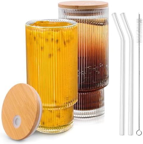 Glass Cups with Lids and Straws, 16 oz Glass Tumbler with Lids, Glassware for Cocktail, Whiskey, Iced Tea(2PACK)