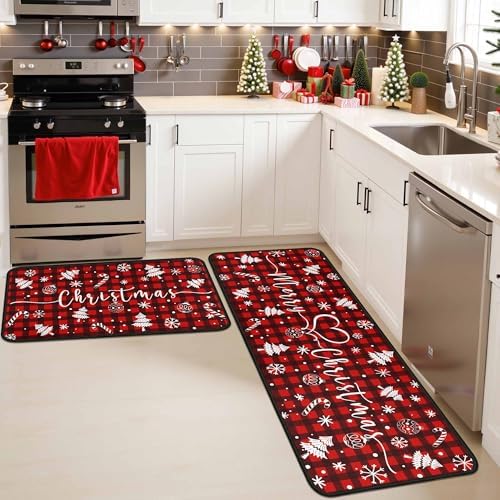 Red Buffalo Plaid Snowflake Christmas Kitchen Rugs and Mats Set of 2, Winter Home Decor Low-Profile Floor Mat Decorations for Home Kitchen 17"x47"+17"x30"