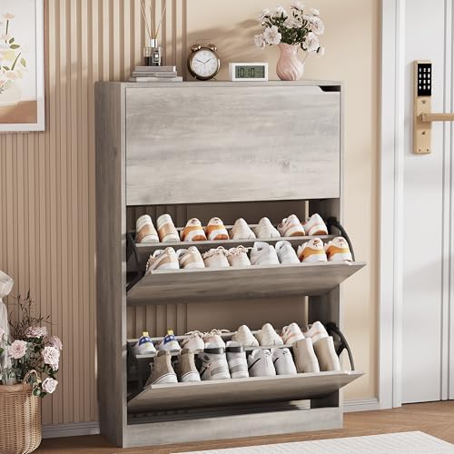 Shoe Storage Cabinet, Wood Shoe Organizer for Entryway with 3 Flip Drawers, Freestanding Shoe Rack with Adjustable Shelf, Narrow Shoe Dresser for Front Door Entrance(Grey, 47.2" x 31.5" x 9.25")