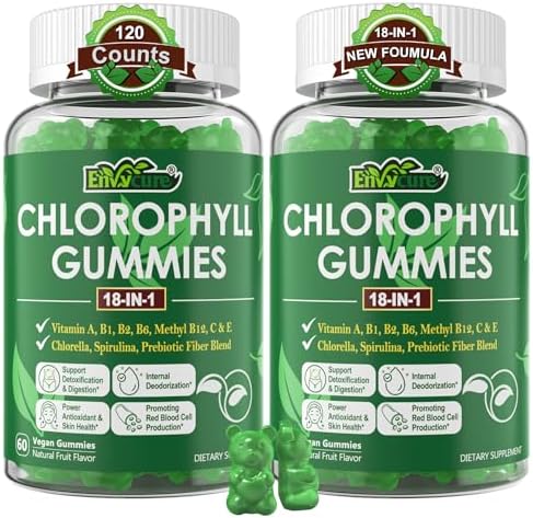 Chlorophyll Gummies, 18-IN-1 with Organic Chlorella Spirulina, Wheat Grass, Magnesium, Prebiotic Fiber for Internal Deodorant, Comfort Digestion, Metabolism & Immune Support, Fresh Body Odor, 2Packs