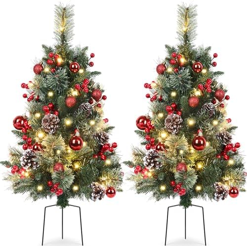 Set of 2 Outdoor Pathway Christmas Trees with Lights, 30in Prelit Battery Operated Artificial Xmas Tree Holiday Décor for Porch, Urn & Planter Filler, Red Berries, Pine Cones, Ball Ornaments