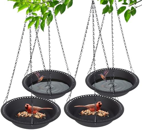 4 Pack Hanging Bird Feeder Bird Bath 10 inch, Seed and Water Tray for Garden Yard Outside, Black