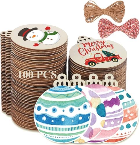 100PCS Christmas Wooden Ornaments Unfinished, DIY Christmas Crafts for Kids, Wood Cutouts Slices DIY Crafts Supplies for Girls Adults, Xmas Ornaments Holiday Decoration