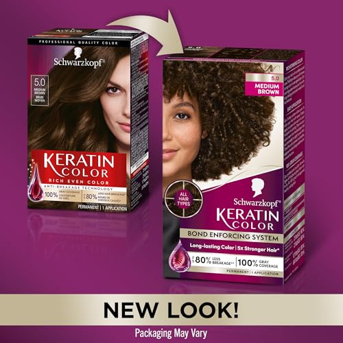 Schwarzkopf Keratin Color Permanent Hair Color, 5.0 Medium Brown, 1 Application - Salon Inspired Permanent Hair Dye, for up to 80% Less Breakage vs Untreated Hair and up to 100% Gray Coverage