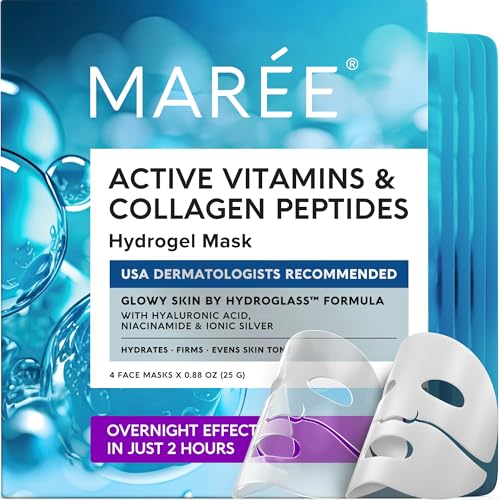 MAREE Hydrogel Collagen Face Mask with Hyaluronic Acid - Overnight Hydrating Face Masks Skincare with Niacinamid & Ionic Silver - Mascarillas Faciales For Women Skin Care - 4 Pack