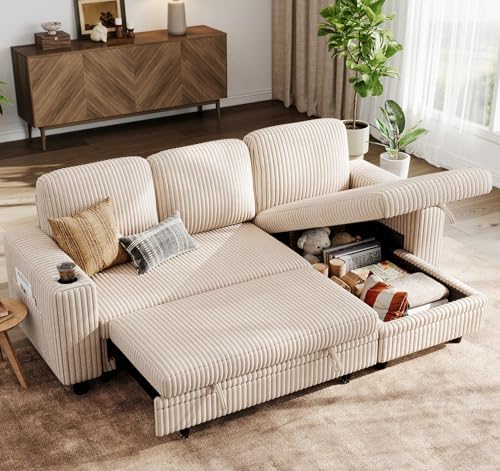 LINSY HOME Sectional Sleeper Sofa with Pull Out Couch Bed - Convertible Plush Corduroy Cloud Couch with Storage Chaise & USB Charging, Comfy L Shaped Modular Couches for Living Room Apartment, Beige