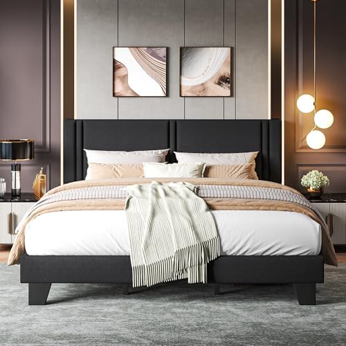 Upholstered King Size Bed Frame with Linen Fabric Headboard, Strong Wooden Slats Support, Noise Free, No Box Spring Needed, Black