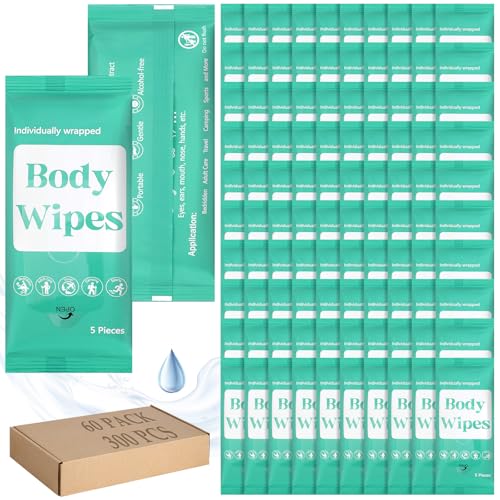 300 Pcs 60 Pack Body Wipes for Adults Bathing No Rinse Individually Wrapped Shower Wipes Washcloth with Aloe Cleansing Body Wash Cloths Disposable Cleansing Cloth(Green Background)