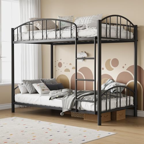 GarveeHome Metal Bunk Bed Twin Over Twin, Heavy Duty Bunkbeds Frame with Arched Guardrail and Safety Ladder, Sturdy Steel Bed for Kids Boys Girls, Space-Saving, No Box Spring Needed, Modern Black