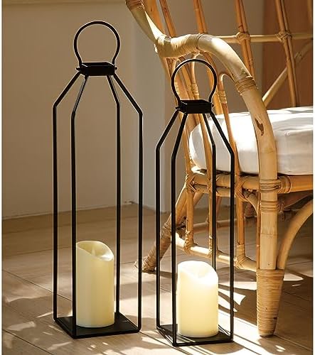 Perfnique Modern Farmhouse Lantern Decor, 19.7'' 22'' Set of 2 Black Metal Lanterns, 2 LED 6hr Timer Flickering Flameless Candles, Lanterns Decorative for Porch, Patio, Fireplace Mantle, Christmas