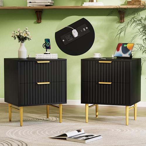 Black Nightstand Set of 2 with Charging Station, Fluted Nightstand with Drawers, Modern Bedside Table with Gold Legs, End Table for Bedroom
