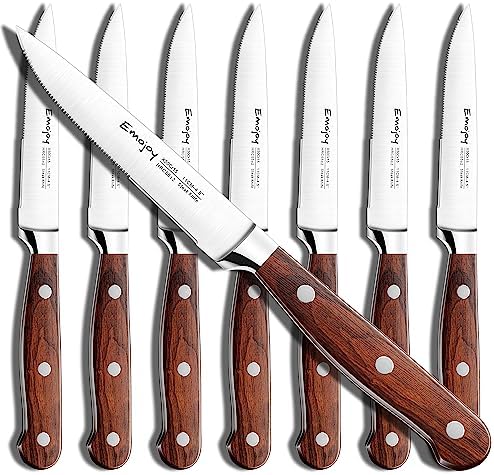 Emojoy Steak Knives, Steak Knife Set of 8, Highly Resistant and Durable German Stainless Steel Serrated Steak Knives with Gift Box