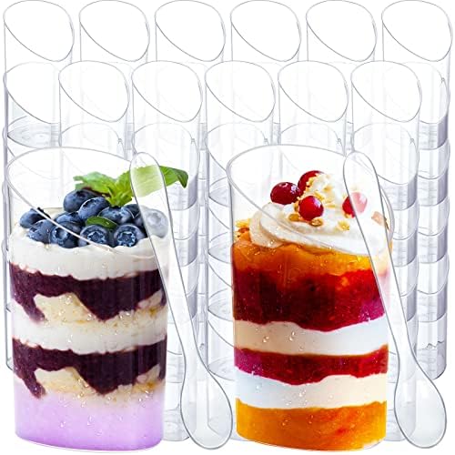 100 Pack Mini Dessert Cups with Spoons Small Plastic 3 oz Slanted Round Shooter Disposable Clear Plastic Parfait Appetizer Cup for Tasting Sample Appetizers