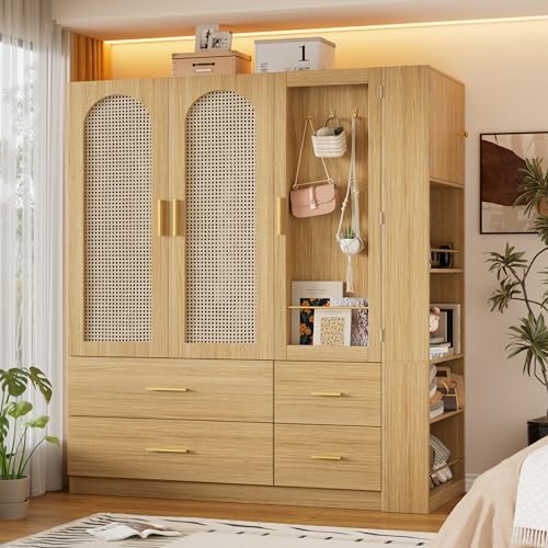 PAKASEPT 3 Doors Farmhouse Armoire Wardrobe Closet with Rattan,71'' Tall Freestanding Wooden Wardrobe Storage Cabinet for Bedroom with Hanging Rod,Vanity Mirror,Drawers,Clothes Hook,Shelves,Natural