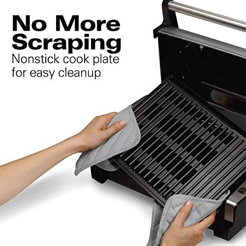 Hamilton Beach Electric Indoor Searing Grill with Adjustable Temperature Control to 450F, 118 sq. in. Surface Serves 6, PFAS-Free Removable Nonstick Grate, Stainless Steel (25360)