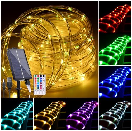 Solar Rope Lights Outdoor Waterproof, 49Ft 150 LED String Light Fairy Solar Powered & USB with Remote, 18 Colors Changing Trampoline Lighting for Outside Garden Patio Home Christmas Decoration