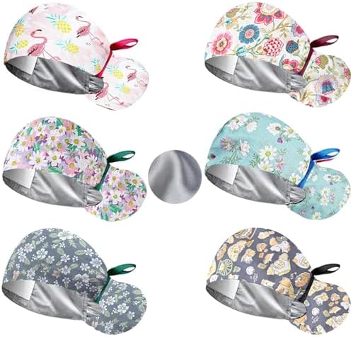 6Pcs Satin Lined Scrub Caps Women, Adjustable Surgical Caps for Women, Nurse Caps for Women Men with Button and Sweatband
