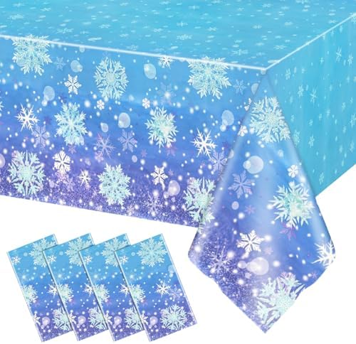 4 Pcs Plastic Winter Snowflake Tablecloth Decorations, 54x108 Inch Blue and Purple Snowflake Winter Wonderland Disposable Table Cover for Christmas Winter Holiday New Year Party Supplies Décor
