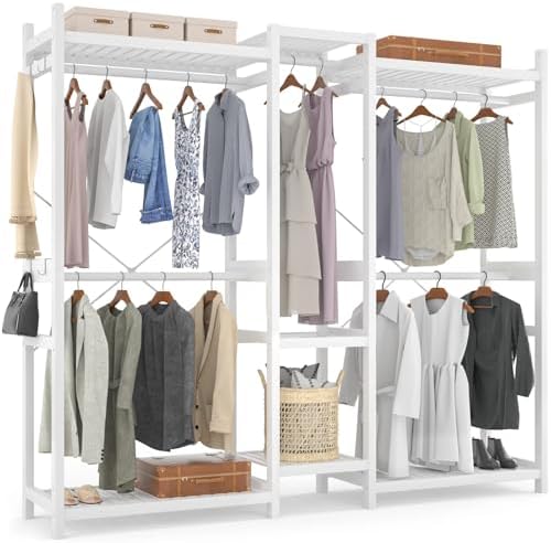 Homykic Bamboo Closet System Clothes Rack, Large Freestanding Garment Rack Clothing Rack for Hanging Clothes with 7 Storage Shelves and 5 Rods, Open Wardrobe Organizer with 4 Hooks, White