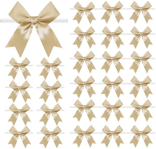 50 PCS Twist Tie Bows Satin Ribbon Bows 3.3 Inch Gift Wrap Bows Craft Bows for Gift Wrapping, Party Decorations Gifts Bag DIY Treat Bags Wedding Decor Baby Shower Christmas (Golden)