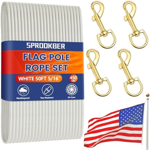 50Ft Flagpole Rope Kit, 5/16" Nylon Halyard with 4 Zinc Alloy Swivel Snap Hook, Heavy Duty and Weather Resistant Replacement FlagPole Accessories for Outdoor Flagpole and Other Utility Use White