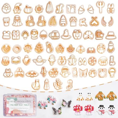 70 Pcs Fall & Winter Polymer Clay Cutters Set, Halloween Thanksgiving & Christmas Clay Cutters for Polymer Clay Jewelry, Pumpkin Turkey Snowflake Shapes for Earrings (YANSH PROGLOBAL)