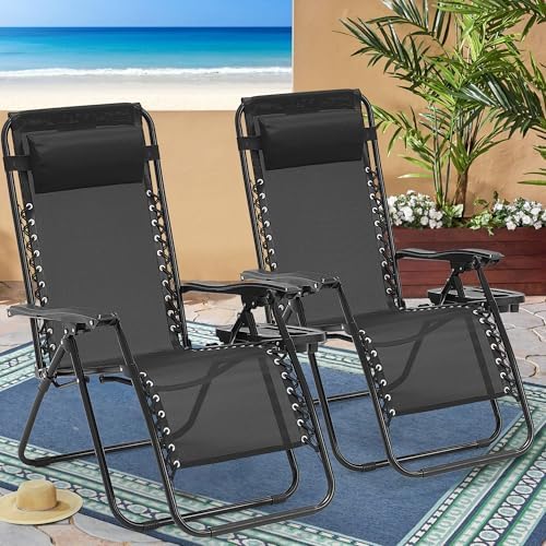 Zero Gravity Chairs Set of 2, 350lbs Capacity Folding Outdoor Patio Recliner with Adjustable Headrest & Cup Holder, Anti Gravity Chair for Backyard, Poolside & Lawn (Black)
