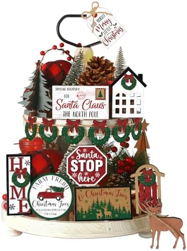 17 Pcs Christmas Tiered Tray Decor Set Winter Tiered Tray Decorations Farmhouse Tabletop Centerpiece Christmas Wooden 3D Sign for Xmas Home Buffalo Plaid Rustic Table Decoration(Fresh)