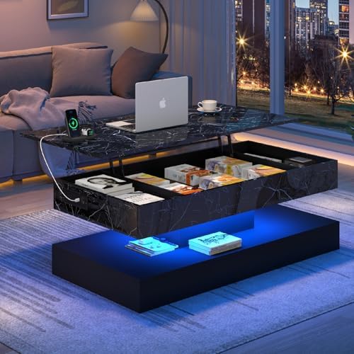 47.2" Large Lift Top Coffee Table with Charging Station, LED Modern High Glossy Center Table with Hidden Compartment Storage, Black Lift Living Room Tables with Marbling Print, Black