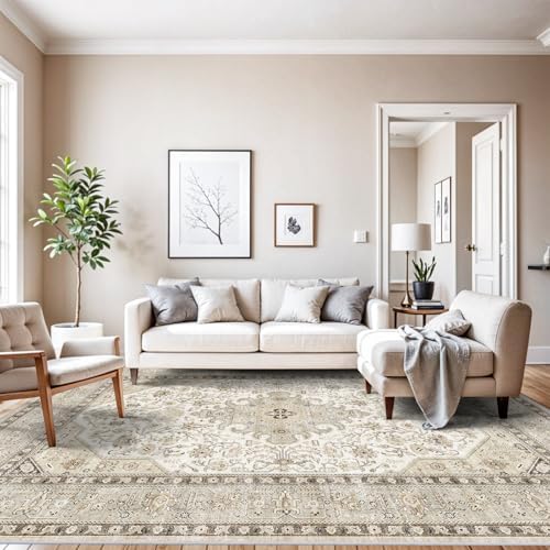 10x12 Area Rug Living Room: Washable Vintage Rugs for Bedroom Dining Room - Farmhouse Ultra Thin Low Pile Stain Resistant Rugs Indoor Carpet - Home Decor for Oriental Lover 10'x12' Ivory