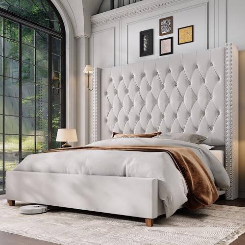 Jocisland King Size Bed Frame with 61.4" Tall Headboard, Velvet Upholstered Wingback Platform Design, Handcrafted Pleats& Deep Button Tufted, Solid Wood Legs, No Box Spring Needed, Cream