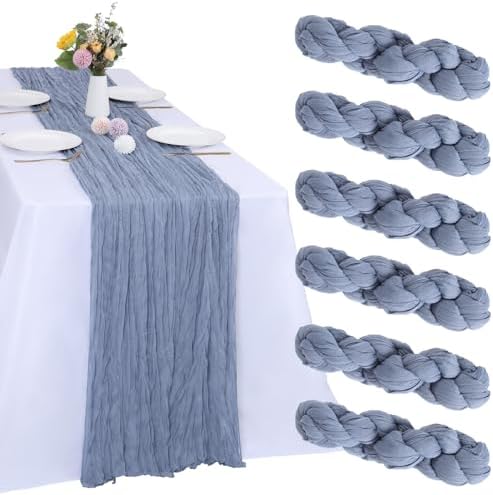 6 Pack Dusty Blue Cheesecloth Table Runner 10FT Boho Gauze Fabric Table Runner 35 x 120 Inch Rustic Sheer Runner for Centerpiece Wedding Decor Baby Shower Party Boho Table Decoration
